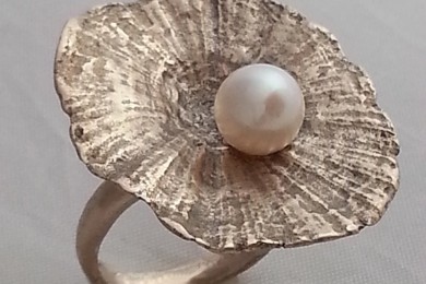 Ring white bronze metal clay & pearl